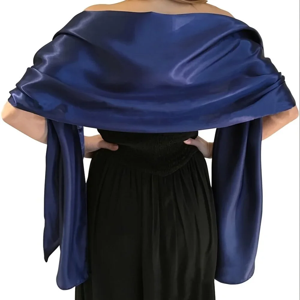Blue Satin Evening Shawl Wrap – Extra-Long 25.6 × 86.6 in Bridal Pashmina